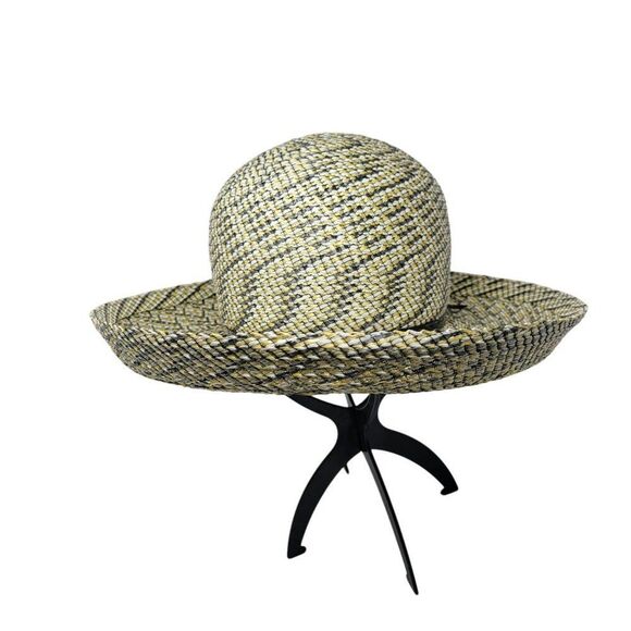 Vtg 60s Terry B. Womens Woven Straw Sun Hat Yellow Checkered Black Bow Retro - Picture 3 of 8